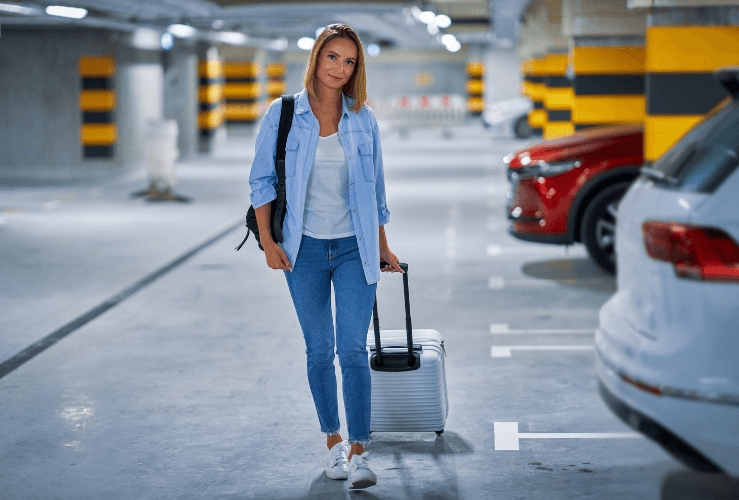 Woman walking through airport car park