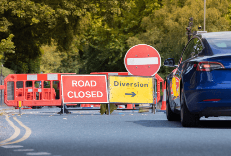 Road closed with diversion in place due to roadworks