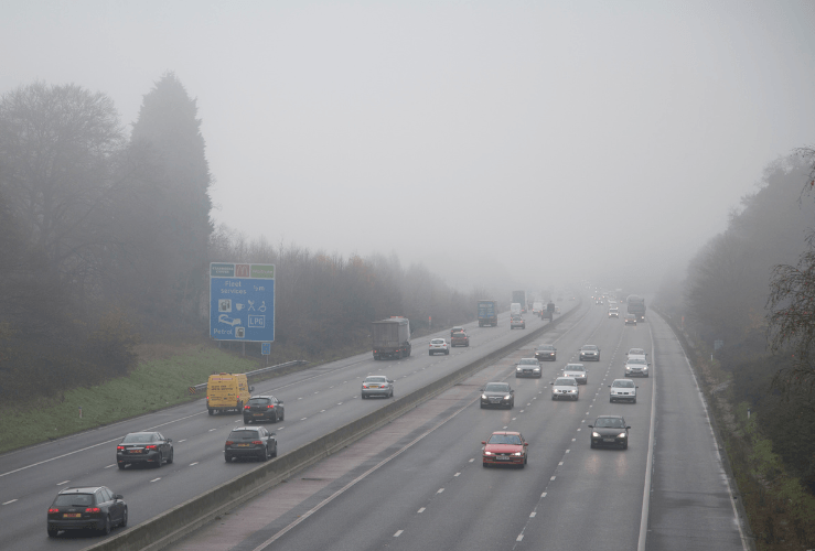 Foggy driving conditions on UK Motorway