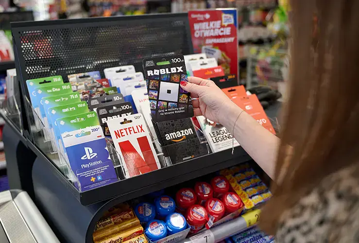 A shop display containing gift cards