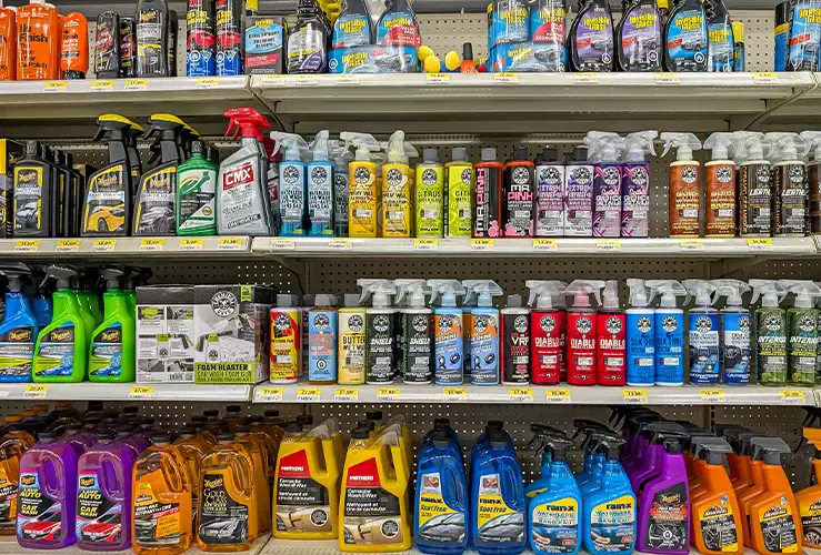 A variety of cleaning products on shop shelves