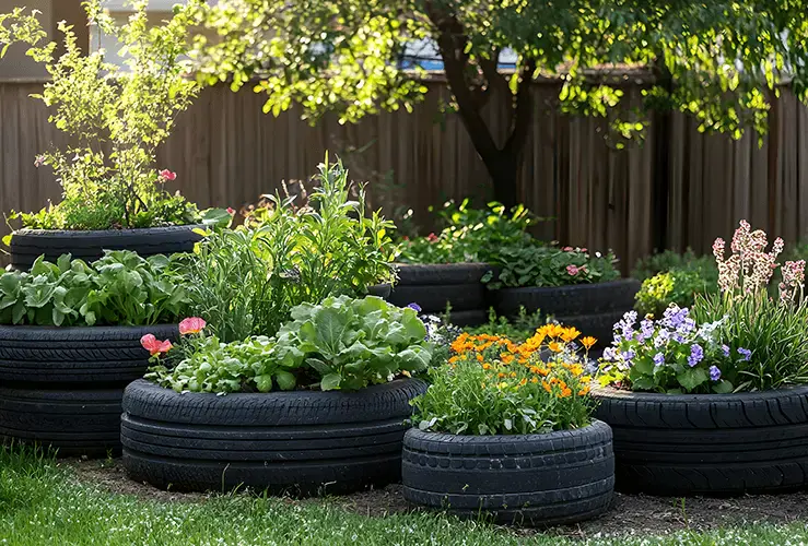 Tyres that have been repurposed into flower beds