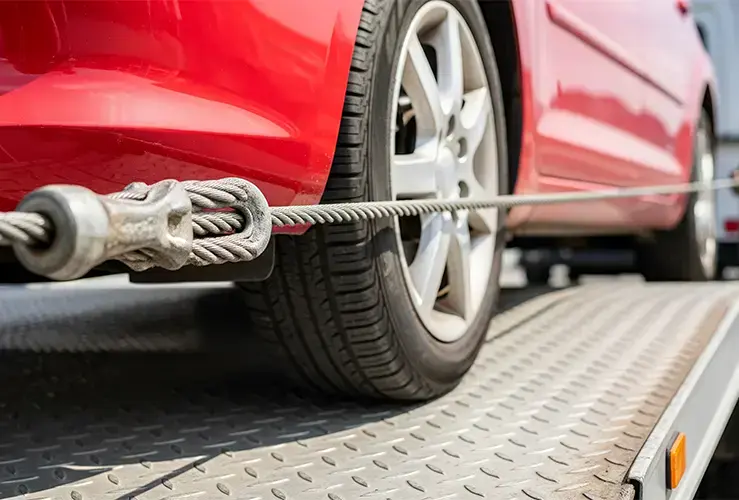 A car on the back of a tow truck