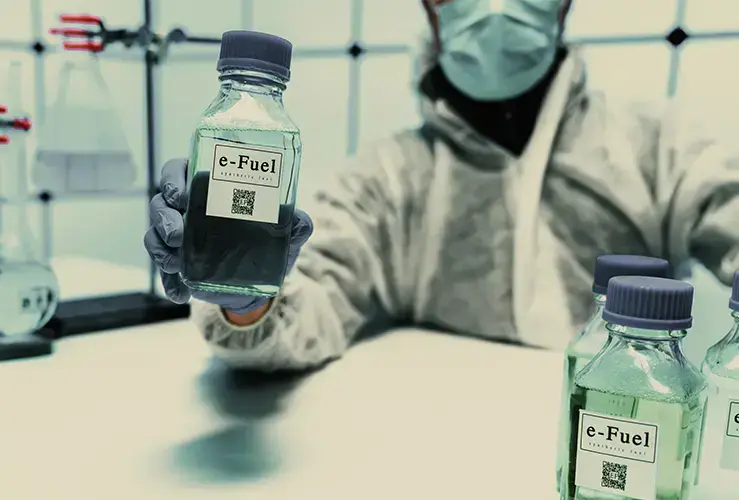 A scientist holding a bottle of synthetic fuel
