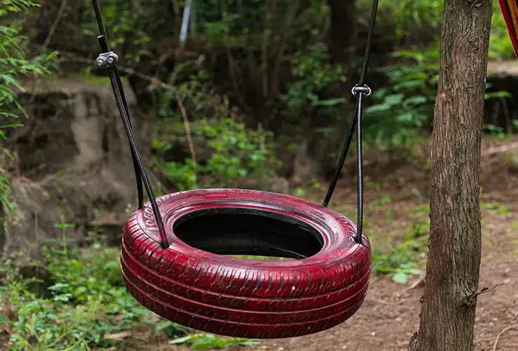 A tyre that has been repurposed into a swing